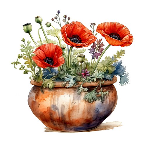 Wandbild mohnblumen blumentopf - wandbild,