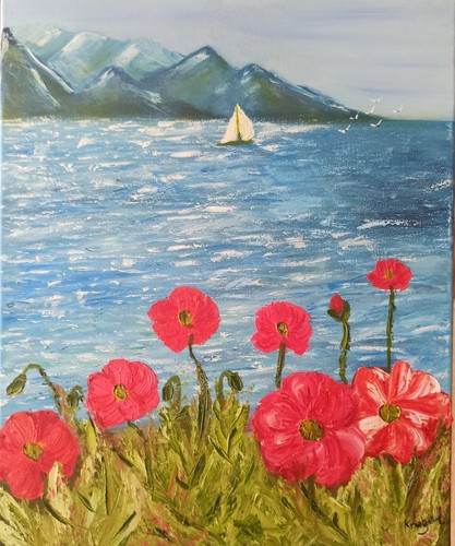 ölbild meer mohnblumen - Ölbild,, meer,